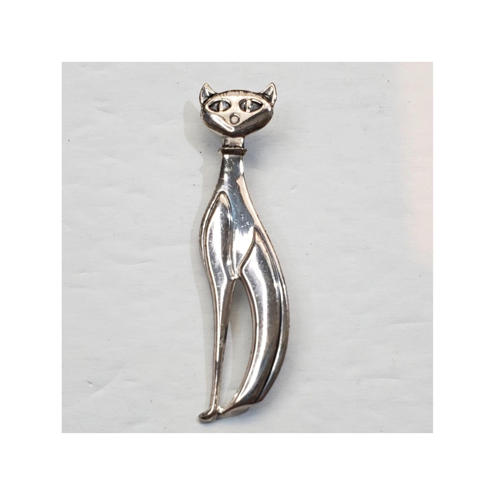 Vintage Beau Sterling Mid Century Modern Slim Cat Brooch Pin 2.25 inch